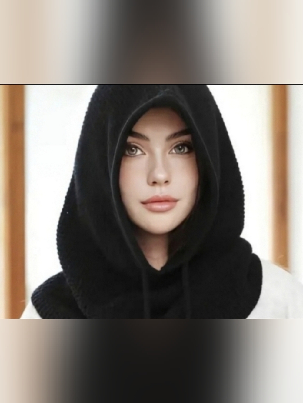Cozy Black Waffle Knit Hooded Scarf, Drawstring Winter Balaclava Neck Slouch
